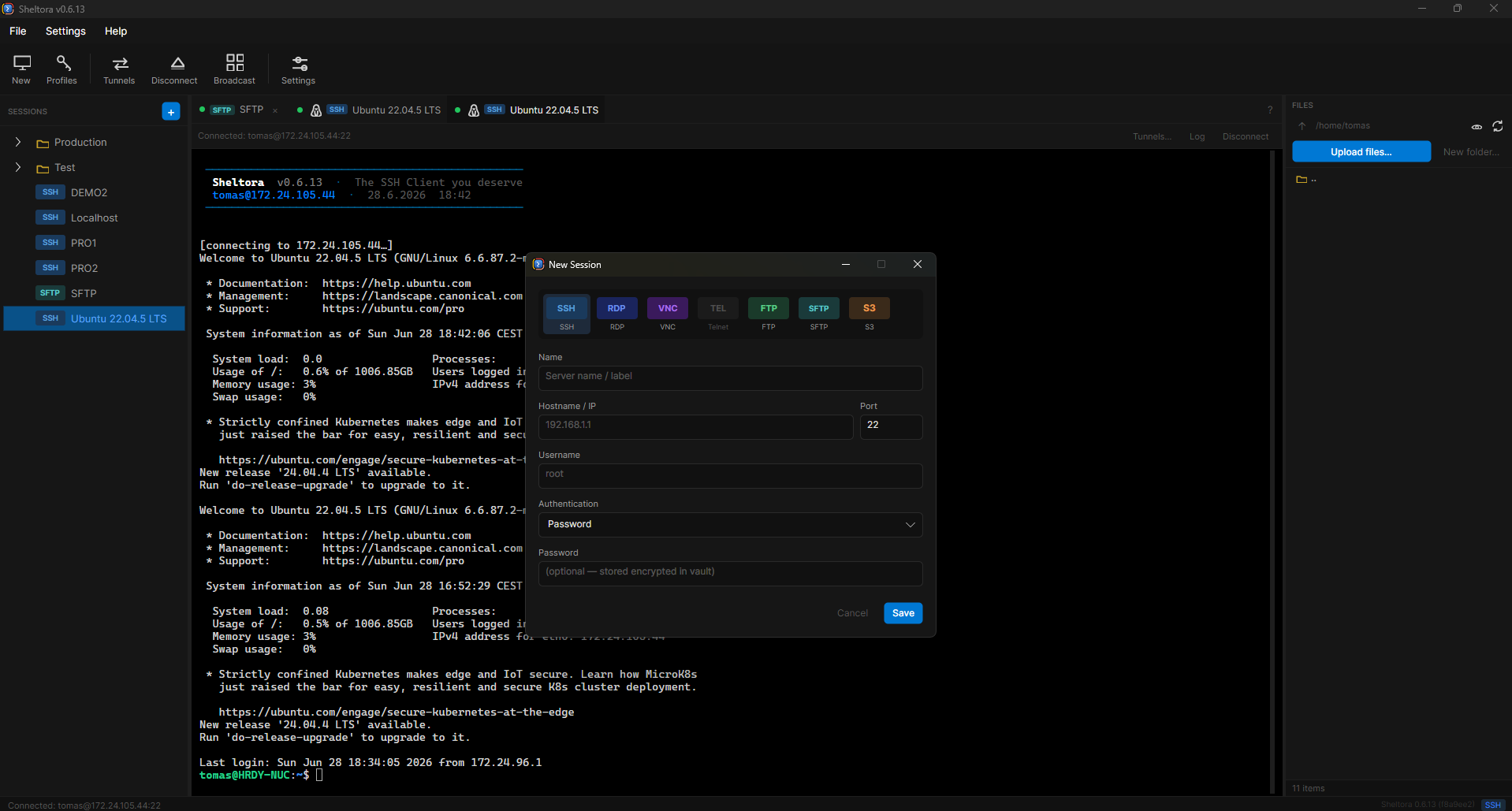 Sheltora new-session dialog showing SSH, RDP, VNC, Telnet, FTP, SFTP and S3 protocol options.