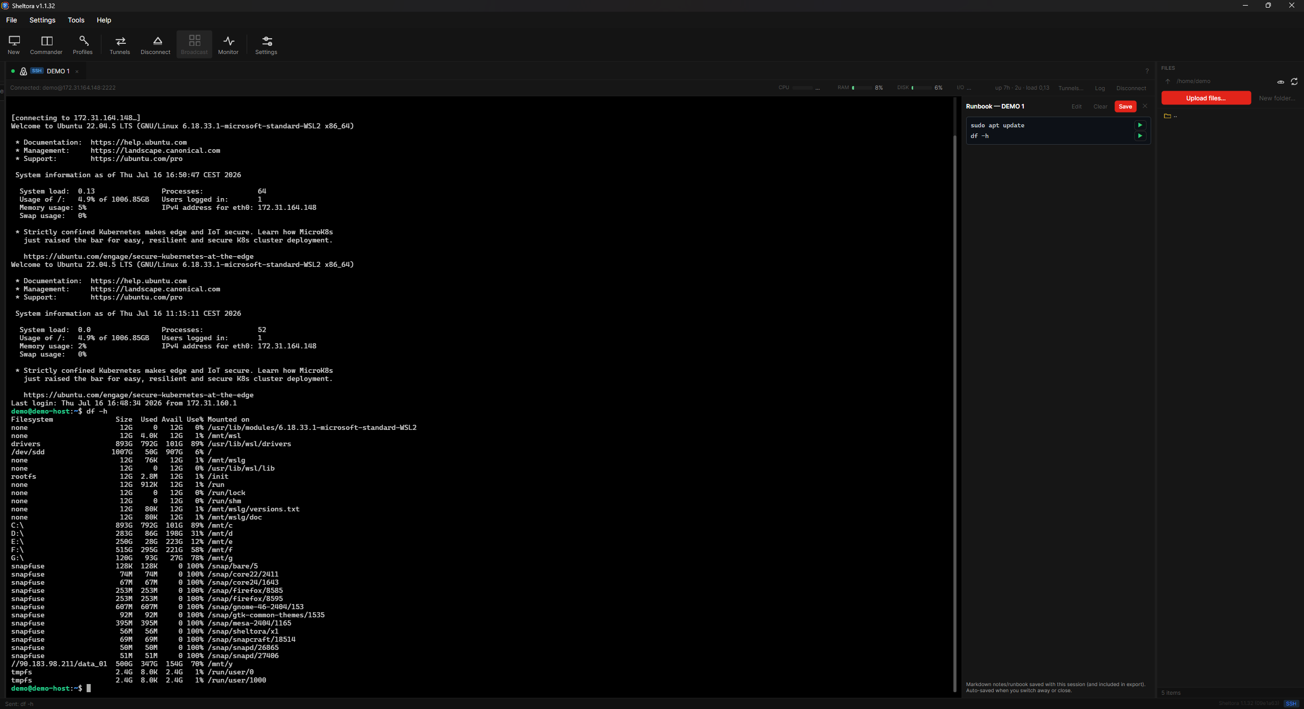 Sheltora runbook panel in preview mode with runnable command blocks next to a live terminal.