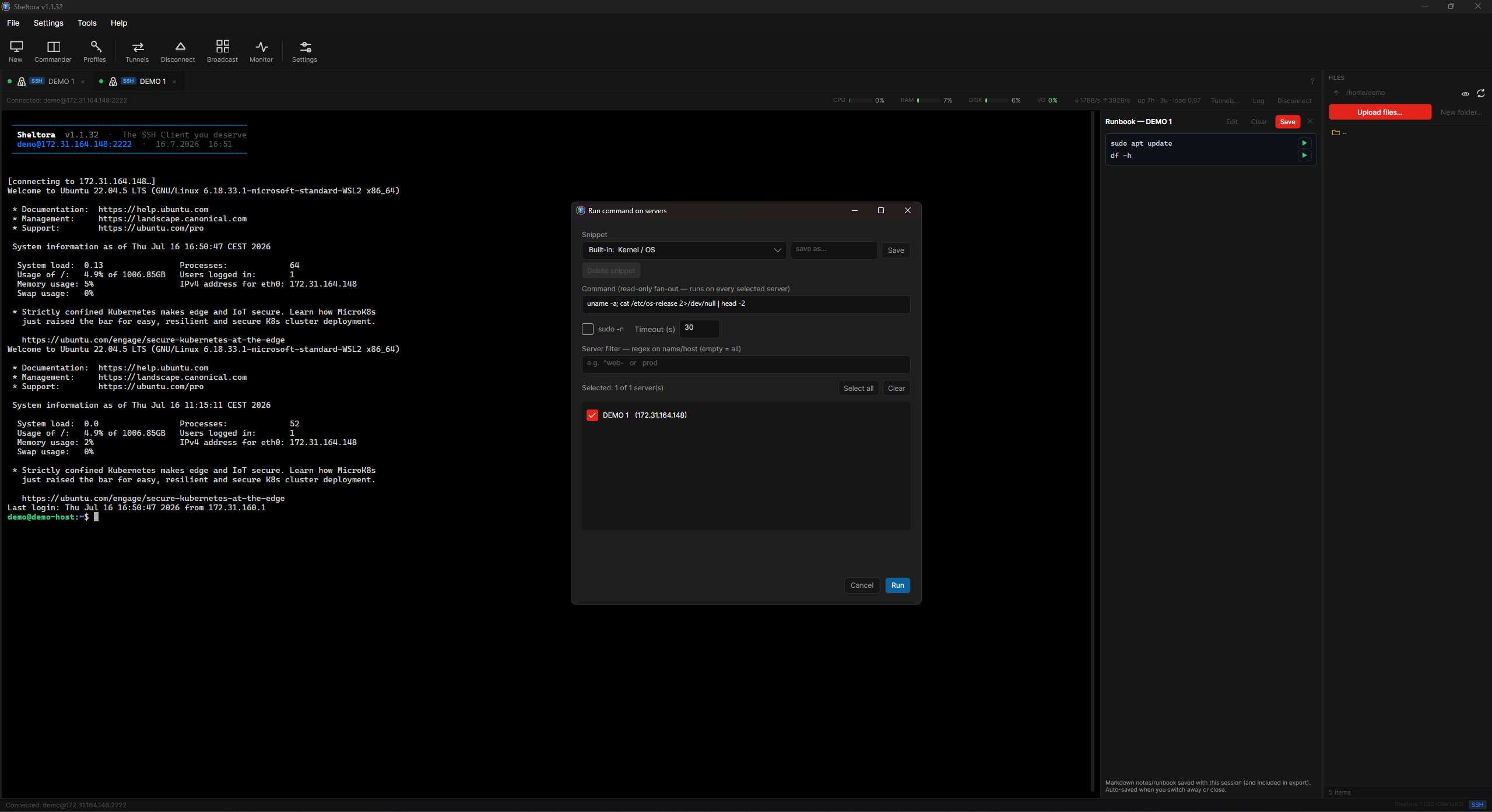 Sheltora 'run command on servers' dialog — a snippet, a command and a checklist of target servers.