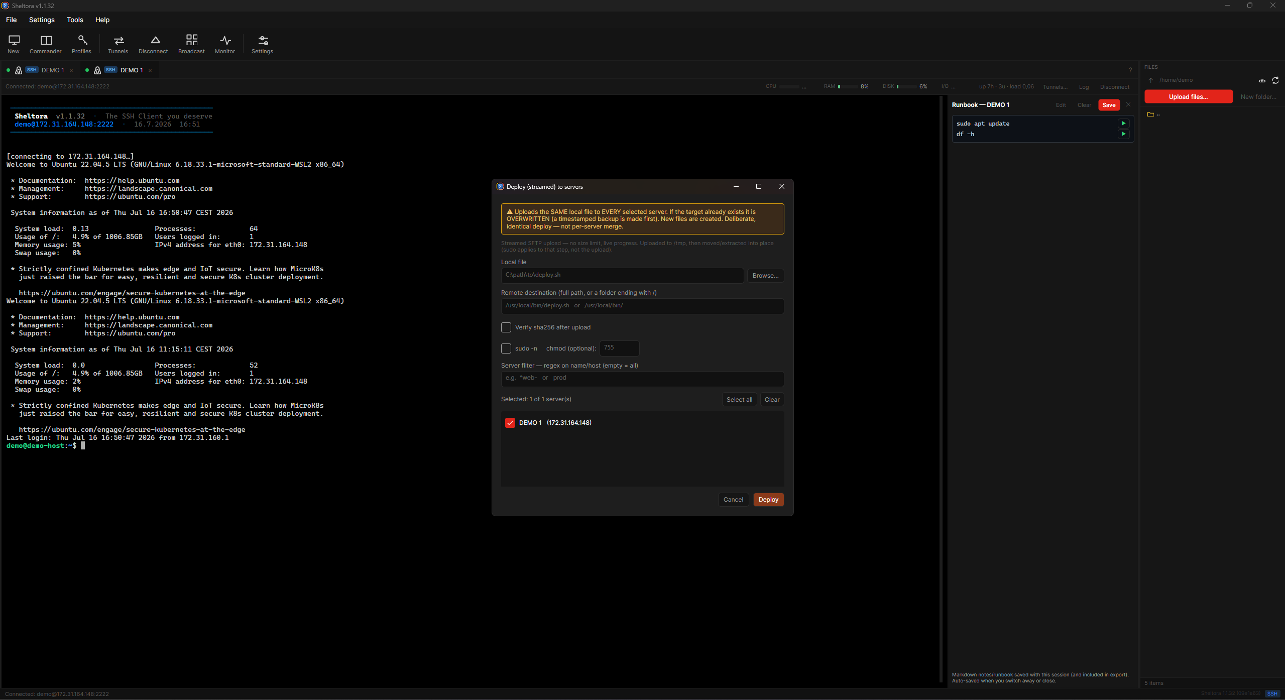 Sheltora deploy dialog — upload a local file to many servers over SFTP with sha256 verify and chmod.